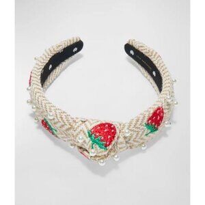 Lele Sadoughi Strawberry Slim Knotted Headband Faux Pearls Chevron Knit NWT